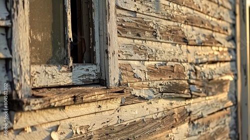 Rustic farmhouse at dawn, close up of weathered wood and peeling paint, early morning light 