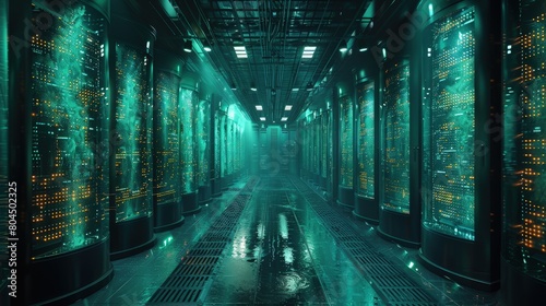 Data centers using submerged server technology to achieve unprecedented cooling efficiency. Photorealistic. HD.