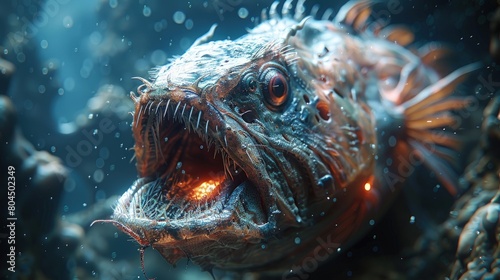 Deep-sea anglerfish in dark ocean  eerie light  alien appearance. Photorealistic. HD.