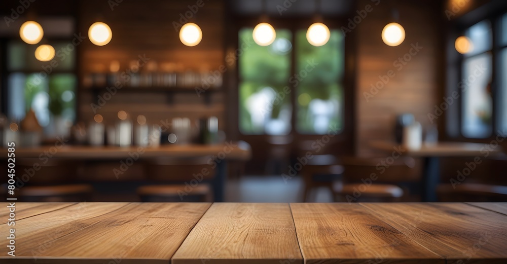 Empty wooden table top with blurred bar, cafe, restaurant background for product placement. Product background Empty wooden table top with blurred bar, cafe, restaurant background for product placement. Product background
