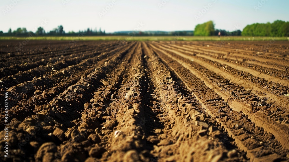 Freshly plowed field, close up, clods of soil and furrows, ready for planting, clear day