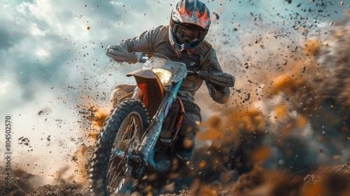 Dirt biker performing a daring jump, mud splatter, action shot. Photorealistic. HD. photo