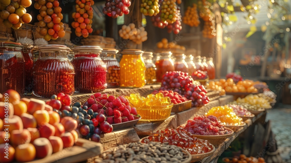 Farmers market stalls brimming with homemade preserves and freshly baked goods. Photorealistic. HD.
