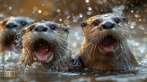 Feisty otters playing in a zoo pond, energetic splashes, joyful and lively mood. Photorealistic. HD. photo