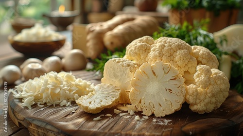 Fresh horseradish root, grated, spicy and creamy. Photorealistic. HD. photo