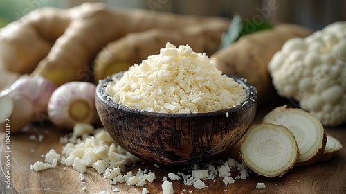 Fresh horseradish root, grated, spicy and creamy. Photorealistic. HD. photo