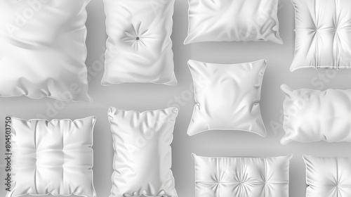 A mockup of white rectangular and square pillows with cotton or silk pillowcases for sleeping and relaxing in the bedroom. A realistic set of comfort textile elements for the bedroom. photo