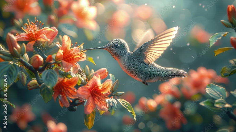 Obraz premium Hummingbirds feeding, vibrant flowers, rapid wings, detailed close-up. Photorealistic. HD.