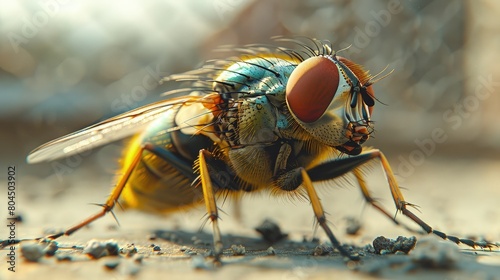 Housefly on a window, trying to escape, close-up. Photorealistic. HD.