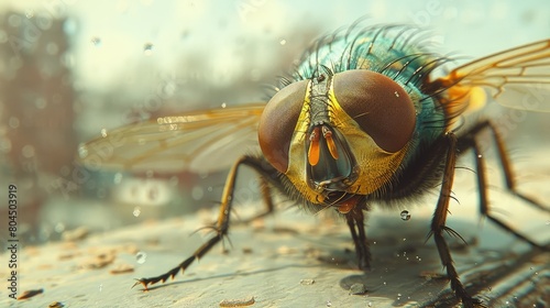Housefly on a window, trying to escape, close-up. Photorealistic. HD.
