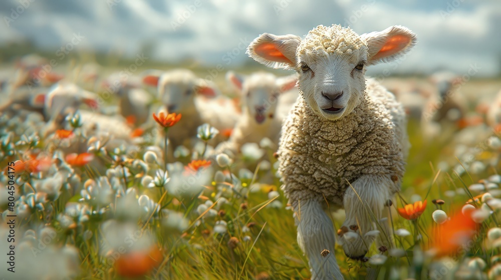 Lambs frolicking in a spring meadow, the joy of new life on the farm. Photorealistic. HD. Lambs frolicking in a spring meadow, the joy of new life on the farm. Photorealistic. HD.