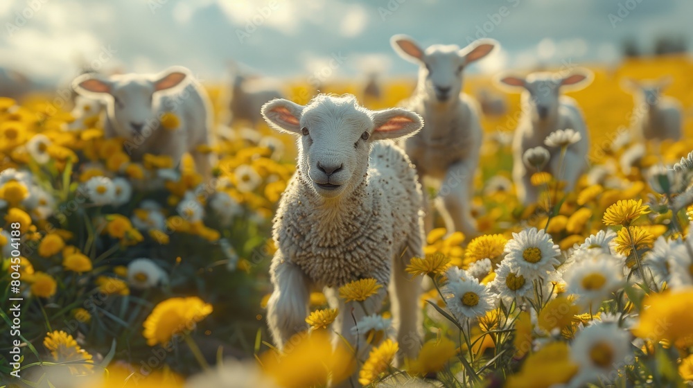 Lambs frolicking in a spring meadow, the joy of new life on the farm. Photorealistic. HD. Lambs frolicking in a spring meadow, the joy of new life on the farm. Photorealistic. HD.