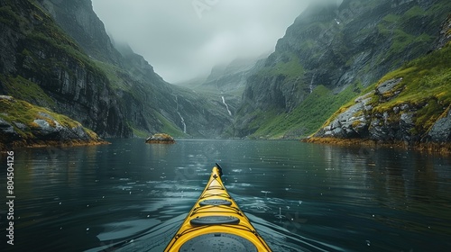 Kayaking through fjords in Norway, serene waters, towering cliffs, majestic scenery. Photorealistic. HD. photo