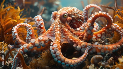 Octopuses interacting with divers, showing intelligence amidst the coral. Photorealistic. HD. © Gefo