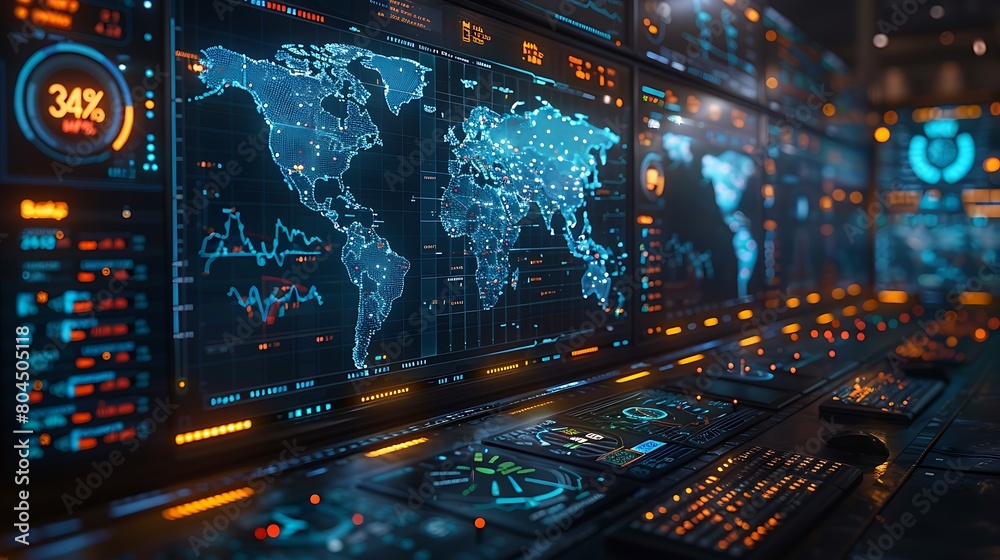 Show a world map in a command center style, with screens displaying ...