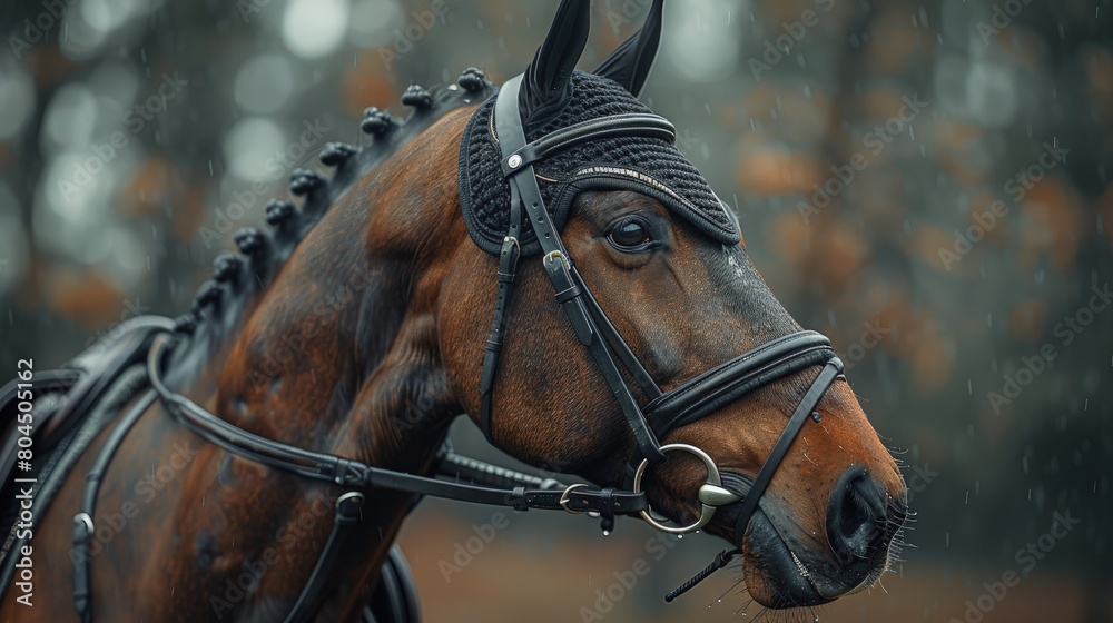 Obraz premium Racing saddle on thoroughbred horse, close-up, race day, dynamic angle . Photorealistic. HD.