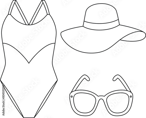 Women's summer clothes, hat and sunglasses outline icons set. Summer coloring page vector illustration