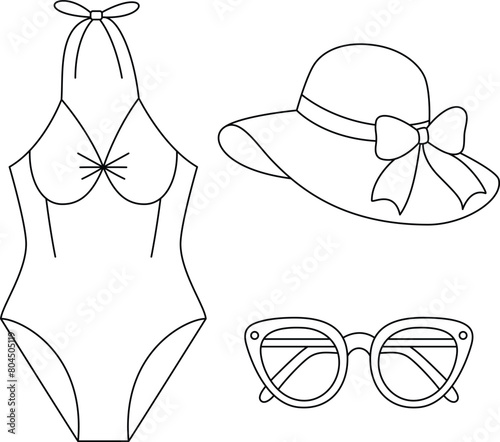 Women's summer clothes, hat and sunglasses outline icons set. Summer coloring page vector illustration