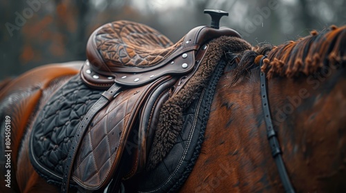 Racing saddle on thoroughbred horse, close-up, race day, dynamic angle . Photorealistic. HD. photo