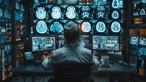 Radiologist analyzing a 3D MRI scan of the brain on high-resolution monitors in a dark room. Photorealistic. HD. photo