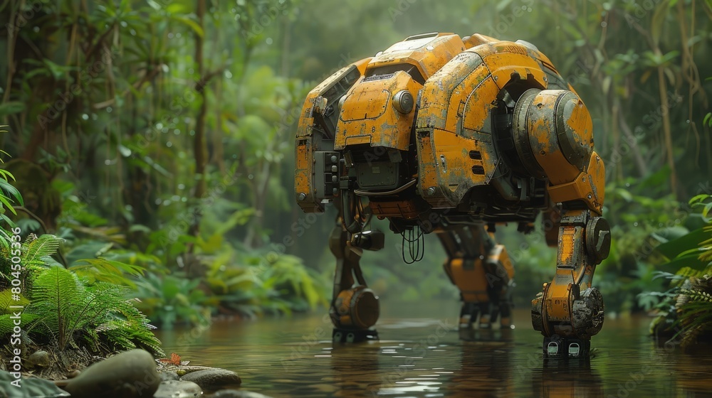 Robot cataloging species in a biodiverse jungle, rich greenery. Photorealistic. HD.