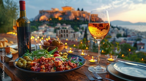 Sampling authentic Greek mezes in Athens, rooftop dining, Mediterranean flavors, local wines. Photorealistic. HD.