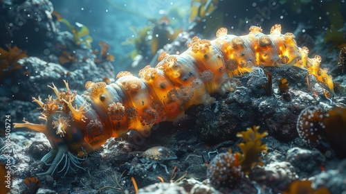 Sea cucumber on ocean bed, bizarre detritivore, essential role. Photorealistic. HD. photo