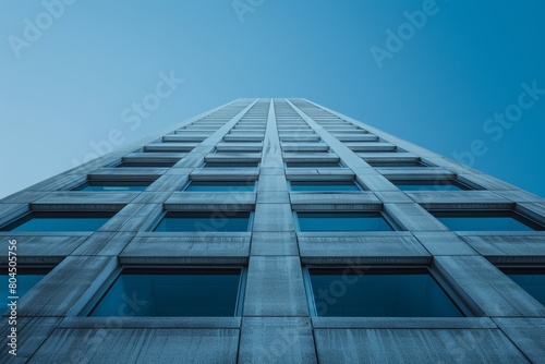 A tall building with many windows and a blue sky in the background