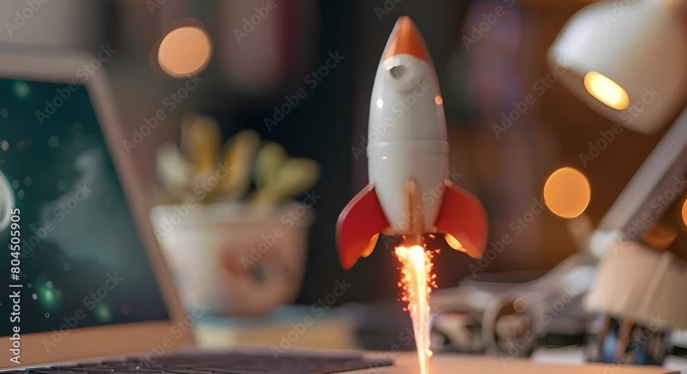 Business Startup and Marketing Growth Illustrated by Rocket Launch Near Laptop. Concept Business Startup, Marketing Growth, Rocket Launch, Laptop, Illustration