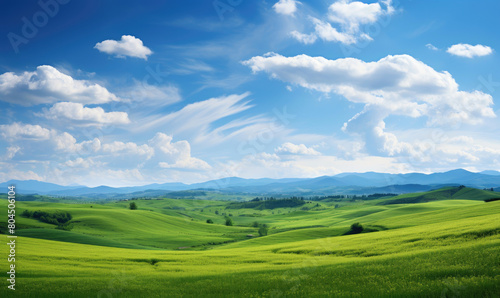 Tranquil beauty of springtime nature in peaceful countryside landscape. Green grass  blue sky  white clouds  rolling hills