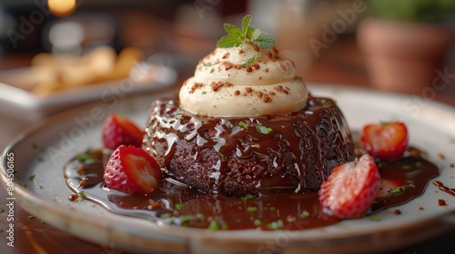 Sticky toffee pudding, dark and rich, with a dollop of cream. Photorealistic. HD. photo
