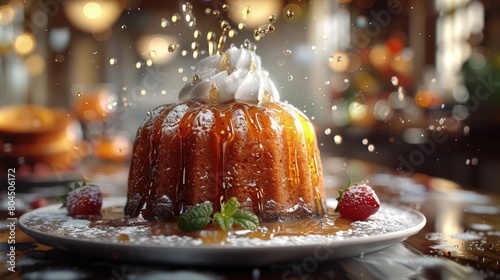 Sticky toffee pudding, warm and sweet, with a dollop of cream. Photorealistic. HD. photo