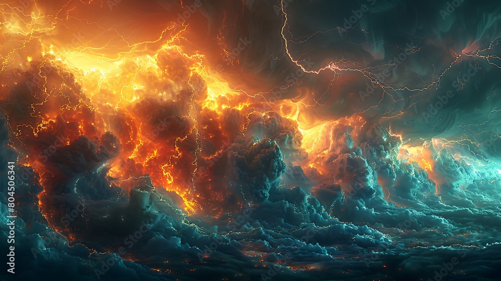 Visualize a thunderous financial landscape with ominous clouds and striking lightning, where the lightning flashes reveal underlying stock market charts, depicting the volatility of the markets.