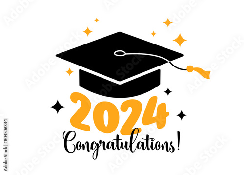 Graduation 2024 greeting card. Congratulations text. Vector flat illustration. Black color square academic cap and golden 2024 numbers on white background. Mortarboard graduate symbol