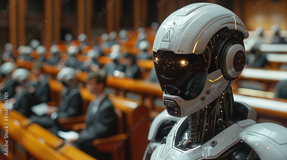 Fototapeta premium University AI ethics debate, animated discussion, digital voting. Photorealistic. HD.