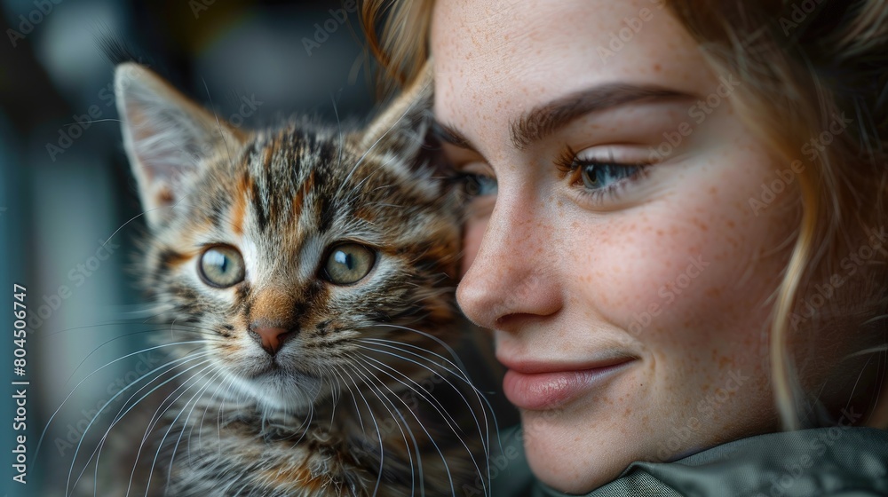 Veterinary nurse gently examining a kitten, soft lighting, comfort and professionalism in a small clinic. Photorealistic. HD.