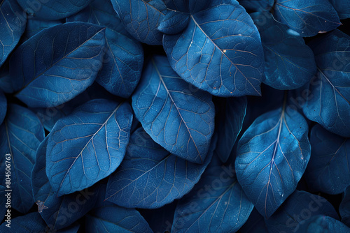 Dark blue leaves background, closeup, top view. Dark and mysterious colors, natural texture. Created with Ai