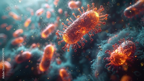 Visualization of antibiotic-resistant bacteria and the mechanism of resistance transfer between cells. Photorealistic. HD.