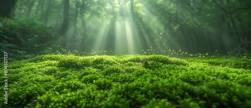 Panoramic view of a mossy landscape under soft sunlight, providing a calming and beautiful green wallpaper option photo