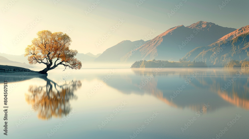 A large tree is reflected in the water of a lake. The scene is serene and peaceful, with the tree standing out as a focal point