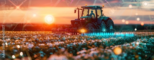 irrigation tractor driving spraying or harvesting an agricultural crop at sunset with information infographic data for agriculture industry