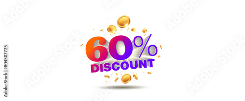 Vector illustration of 60% off, discount, sale, offer, deal, on shopping logo design with coin, money and wealth.