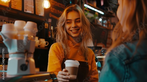 Smiling Woman at Coffee Shop photo