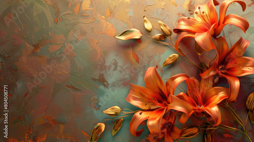 3D Beautiful orange lily flower with golden leaves on decorative background with copy space as wallpaper illustration, Elegant Orange Flower