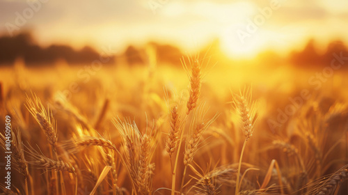 Tranquil wheat field basks in the warm glow of a setting sun with golden hour light shimmering across the ripe ears of wheat  evoking a sense of harvest and abundance