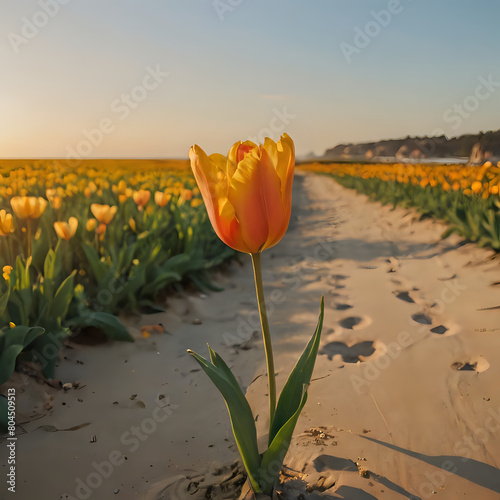 a single flower growing out of the sand in the middle of a field