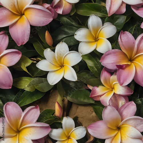 a many pink and yellow flowers that are in the ground