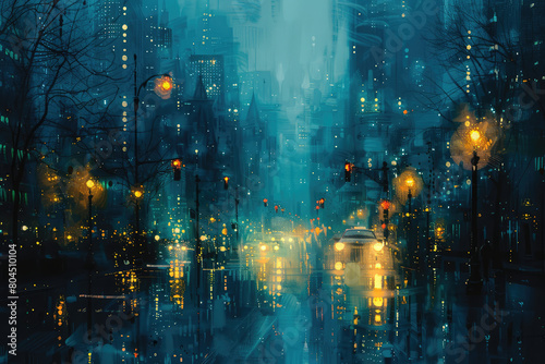 A blurred cityscape at night  with raindrops creating an abstract pattern on the window glass and street lights casting reflections in the puddles below. Created with Ai