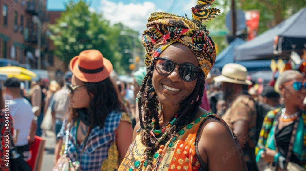 A woman wearing a vibrant headdress smiles directly at the camera.