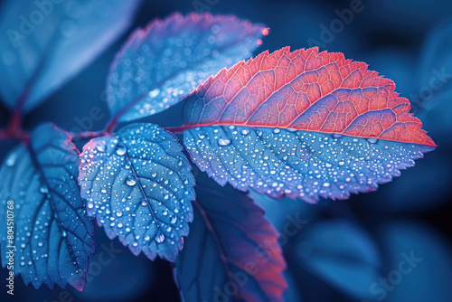 A closeup of blue leaves with pink edges  resembling delicate petals. The background is blurred and has a dreamy atmosphere. Created with Ai